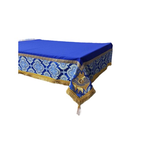 СКАТЕРТЬ Сине золото ↕160см↔160см Парча з херувинами и китицями СКАТЕРТЬ Сине золото ↕160см↔160см Парча з херувинами и китицями